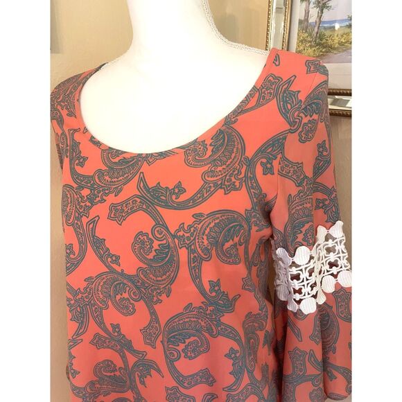 Voom by Joy Han Womens Mini Boho Dress X SMALL Paisley Coral Crochet Retro 70s - Picture 9 of 11